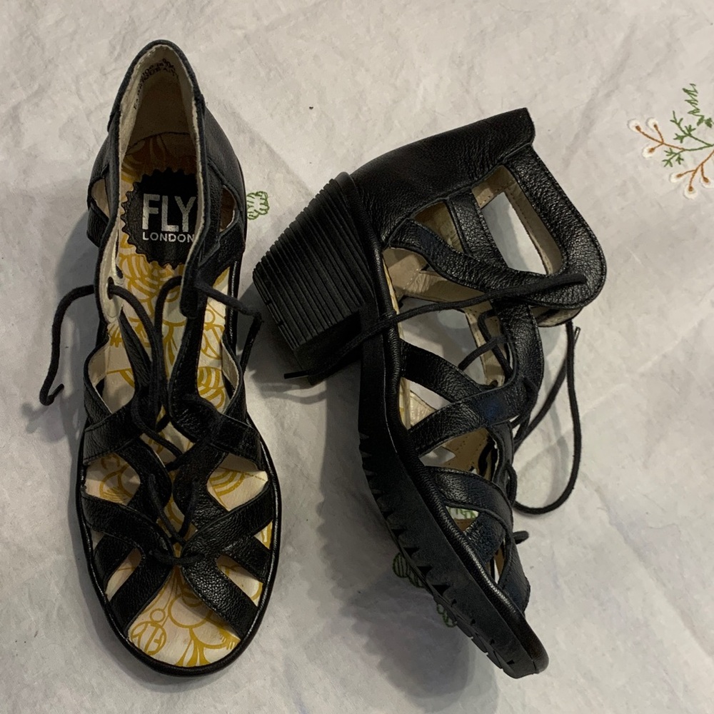 Fly London Black Lace-Up Cutout Block Heel Sandal size 36